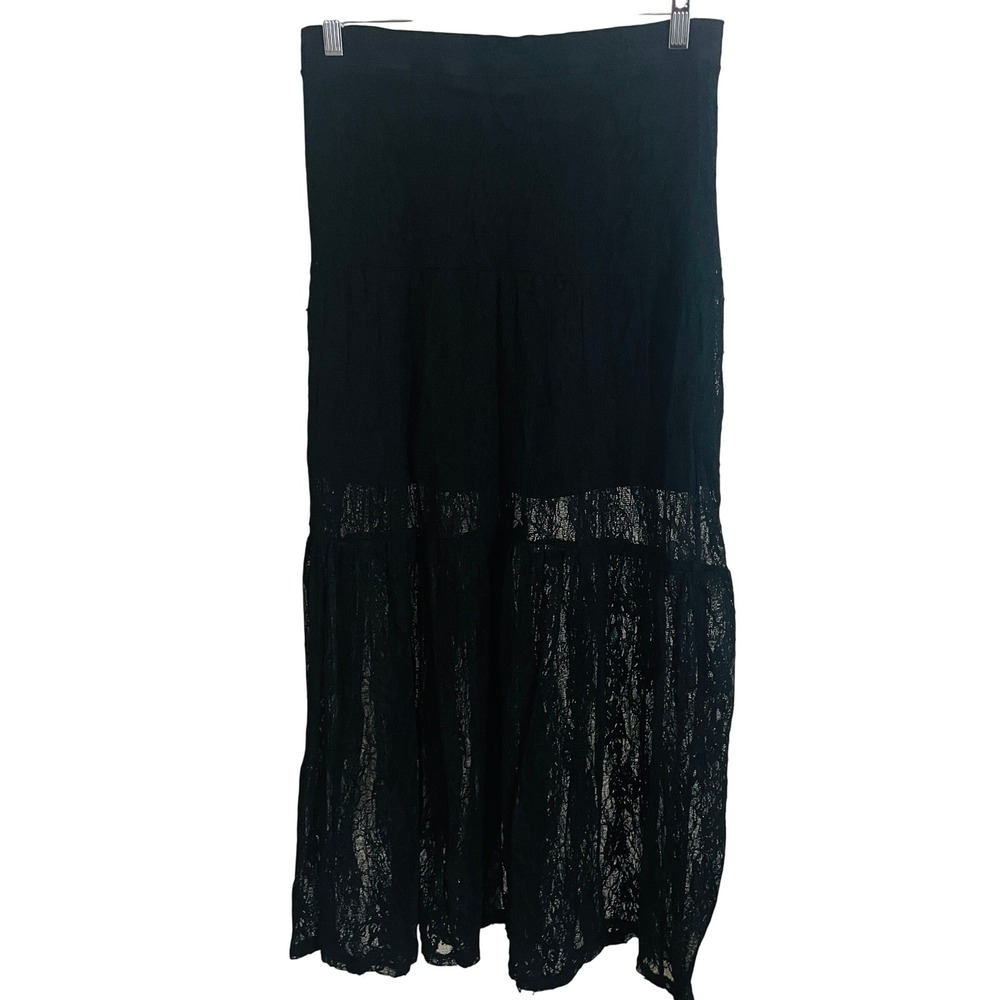 Kirra Womens Whimsigoth Witchy Black Sheer Lace Tiered Maxi Skirt L Steampunk